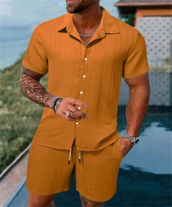 Deux pièces été hommes mode plage costume pour Sports de plein air chemise décontractée couleur unie lâche manches courtes avec short ample plage - Product Image 5