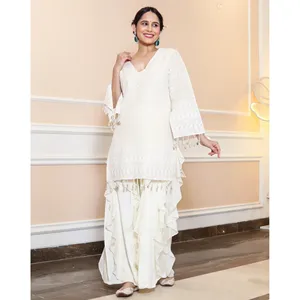 Chandani Women's <b>White</b> Cotton Chikankari <b>Sharara</b> Set by Thread & Button - Product Image 4