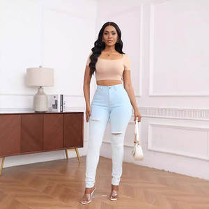 Kadın yeni yüksek katlı sıkıntılı ağartılmış degrade mavi-beyaz kot-özel bahar yaz - Product Image 2