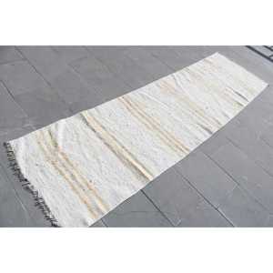 Alfombra Vintage Estilo Runner, Alfombra Turca de 2.5x8.8 pies, Alfombra de Lana Ikat Blanca - Product Image 1