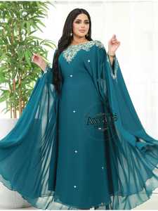 Women's Ethnic Lightweight <b>Plus</b> <b>Size</b> Floor-Length Hand Beaded Sequined High Neck Long Sleeve Georgette Flared Hem <b>Kaftan</b> Abaya - Product Image 5