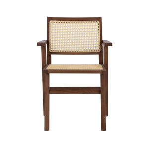 Modern Arm Dining <b>Chair</b> with Solid Teak Wood Frame and Woven Natural <b>Rattan</b> Seat Backrest for Apartment and Indoor/Outdoor Use - Product Image 2