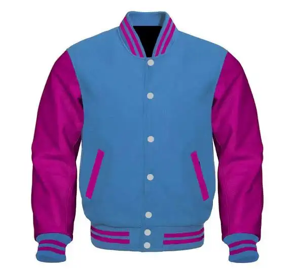 Custom Made Letter Embroidery Contrasting Pink And Blue Colors Vintage Varsity Men Jacket For College School Leaver Uniform