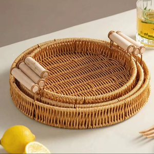 Hot Trend Luxury Vietnam Handicraft Natural Rattan Tray with Wood Handles Eco-friendly Elegant Tea Table for <b>Fruits</b> & <b>Vegetables</b> - Product Image 1