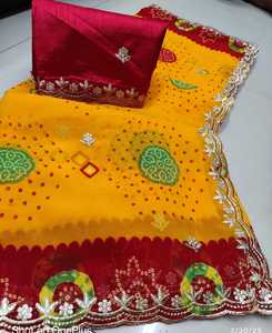 Sari Bordado para Mujer con Georgette, Bordes de Trabajo Calado, Estilo Bollywood Indio, en Existencia - Product Image 4