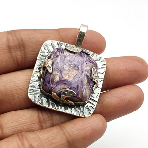 925 Sterling Silver Charoite 21x21mm Cushion Gemstone Designer Pendant 14.88 Gms Antique Look Unisex Pendant <b>Christmas</b> Gift - Product Image 5