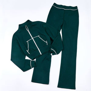 เสื้อวอร์มสองชิ้นสำหรับผู้หญิงเสื้อแจ็กเก็ตมีซิปปกถักวาฟเฟิลพร้อมกางเกงบานชุดออกกำลังกายลำลอง - Product Image 4