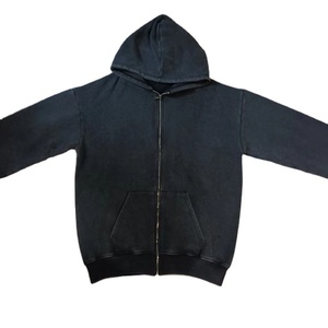 Sweat à capuche personnalisé 430gsm poids lourd zip vierge hommes acide pierre lavé en détresse vintage sweats à capuche noirs - Product Image 2