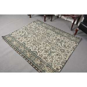 Tapis classique en laine bleu beige 4.7x5.6 pieds fait à la main Design patchwork rectangle turc pour salon chambre avec support en latex - Product Image 4