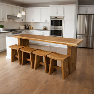 Juego de Mesa de Bar de Madera Maciza de Monkey Pod Ecológica y Moderna de Alta Calidad, Sillas Curvas con Asientos de Madera y Patas Naturales para Cocina o Bar - Product Image 6