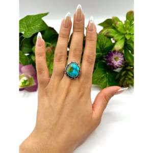 Navajo-Made Boho <b>Statement</b> <b>Ring</b> Sonoran Mountain Turquoise & Sterling <b>Silver</b> Everyday Wear Size 8.5 Rhodium Plating - Product Image 5