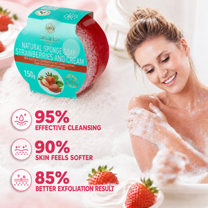 Natural Strawberries and Cream <b>Soap</b> with Sponge Aloe Aronia Calendula Green Tea Peppermint Extract Moisturizing Exfoliating Body - Product Image 3