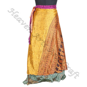 Sari en soie indienne recyclé magique enveloppant réversible 2 couches magique Saris en soie enroulé jupe longue en soie Sari enveloppant - Product Image 6