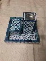 Nouveauté, brûleur à bakhoor rectangulaire en bois beige de luxe avec incrustations d'os arabes, chauffe-bougie, boîte, plateau, ensemble pour les cadeaux de l'Aïd et du Ramadan