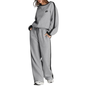 Conjunto de sudadera con cuello redondo para mujer, jersey de manga larga con rayas en contraste y pantalones de pierna ancha, conjunto informal de dos piezas a juego - Product Image 1
