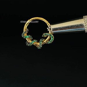 14K Solid Gold CZ Green Diamond Snake Daith <b>Piercing</b> Fine Jewelry. - Product Image 1