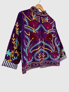 Veste en velours violet brodée, manches longues, col mandarin, broderie florale faite à la main, vêtement d'automne pour adulte - Product Image 3