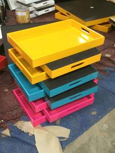 Plateau de service en bois vert de luxe avec motif géométrique et poignées, plateau rectangulaire décoratif pour table basse, pour la maison - Product Image 6