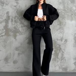 Ensemble décontracté 2 pièces pour femmes de grande taille, sweat-shirt court à fermeture éclair intégrale de haute qualité, pantalon de survêtement évasé personnalisé pour femmes - Product Image 5