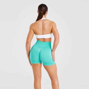 Hot Selling Wholesale White V-Neck Cutout Sports <b>Bra</b> With High-Waisted Teal Shorts Set for Women Fitness Yoga Wear - Product Image 4