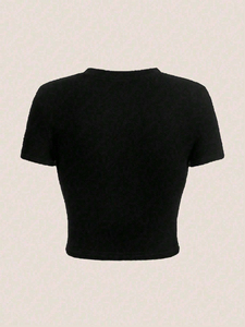 Crop top femme 100% coton noir uni, col roulé, épaules tombantes, haut court à col haut - Product Image 4