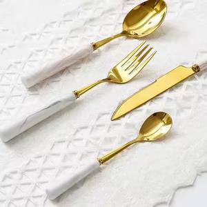 Exclusive Stainless Steel Silver Polished Marble Handle Rectangular Handle Cutlery Sets Fork and <b>Spoon</b> - Product Image 5
