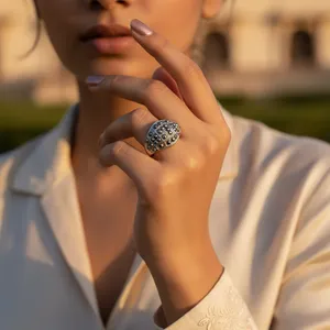 Anillo de Cóctel Geométrico Vintage Art Palace, Plata 925 con Incrustaciones de Marcasita, Joyería Elegante Unisex para Fiestas - Product Image 3