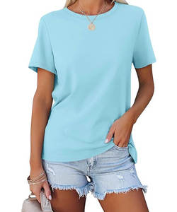 T-shirts à blocs de couleurs écologiques pour femmes anti-boulochage décontracté été hauts à manches courtes avec décoration de broderie - Product Image 1