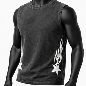 Camiseta sin mangas de algodón para hombre, cuello redondo, estampado de estrellas en llamas, estilo urbano, chaleco sin mangas transpirable - Product Image 3