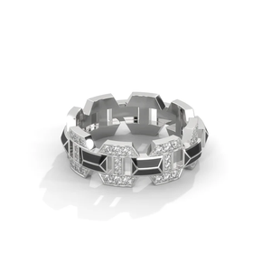Bague chaîne géométrique Hexa Link en argent sterling 92,5 avec émail noir et diamants pavés, maillons hexagonaux alternés, style moderne - Product Image 1