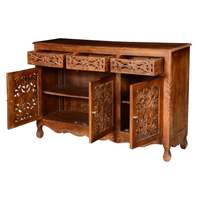 Buffet en teck massif artisanal de style mid-century avec 3 tiroirs et portes sculptées, design antique pour hôtel, maison, salon, cuisine