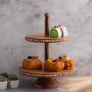 Support à gâteau en bois à deux étages avec décorations de perles, parfait pour les baby showers, les réceptions de mariage et les fêtes de fin d'année, pour servir des desserts - Product Image 2