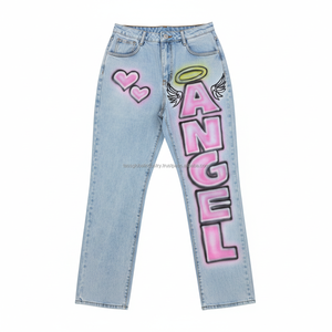 Pantalones Vaqueros de Moda Urbana Y2K para Mujer - Pantalones de Mezclilla de Pierna Recta con Estampado de Ángel Rosa - Product Image 1