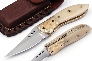 Damascus Stainless Steel Drop Point Folding <b>Knife</b> Back Lock Bone Handle Leather Sheath for <b>Pocket</b> <b>EDC</b> Hunting Camping ODM OEM - Product Image 3