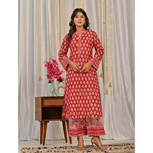 Ensemble Kurta et pantalon en coton rouge avec imprimé bloc pour un usage quotidien - Product Image 5