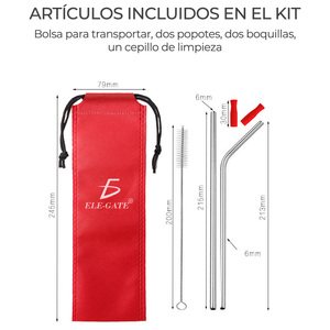 Cannucce Riutilizzabili Ecologiche in Acciaio Inossidabile da 21 cm con Spazzola per la Pulizia, Set 1 Spazzola e 2 Cannucce - Product Image 2