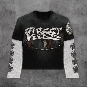 Hombres nuevos DTG gráficos Retro doble capa camiseta de gran tamaño cuello redondo algodón manga larga Tops Y2K doble capa Camiseta de manga larga - Product Image 2