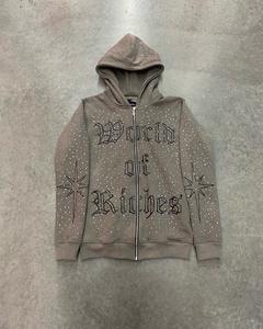 Custom Men's Distressed Fleece <b>Jacket</b> Vintage Washed Streetwear Hoodie <b>Rhinestone</b> Zip Winter Embroidery Applique 100% Cotton - Product Image 5