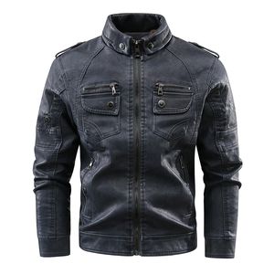 Chaqueta de cuero de estilo urbano para hombre con cuello alto y cremallera frontal con múltiples bolsillos funcionales para un aspecto urbano resistente - Product Image 1