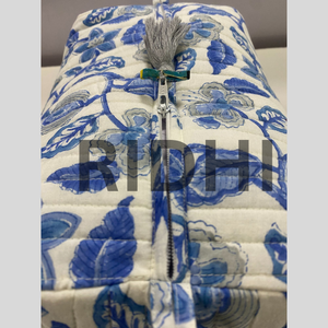 Hand Block Printed Blue & <b>White</b> Cotton Quilted Zipper <b>Bag</b>, Reusable Custom Printed Travel Toiletry <b>Bag</b>, Grocery Market Tote <b>Bag</b> - Product Image 4