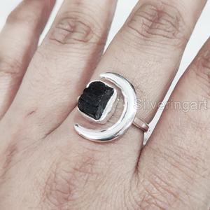 Joyería de piedra en bruto, anillo para mujer, Natural piedra preciosa de turmalina negra, piedra natal de octubre, anillo de luna creciente, anillo de Plata de Ley 925 - Product Image 4