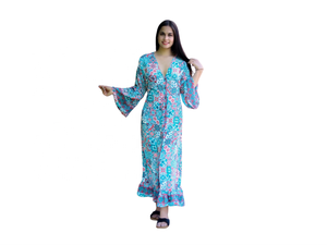 Robe longue en soie taille unique, coupe trapèze, col en V, manches longues, motif floral, cachemire et pois, lavable, écologique, tissée, pour l'été et l'automne - Product Image 4