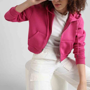 Vente chaude grande taille femmes sweat à capuche court zippé Logo personnalisé vêtements de sport de fitness décontractés respirant solide technique de lavage - Product Image 5