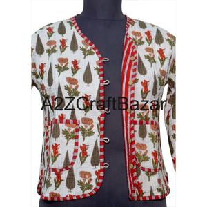 Veste courte matelassée réversible en coton biologique 100% fait main, col en V, respirante, vintage, éco-responsable, patchwork, numérique, pour femme - Product Image 4