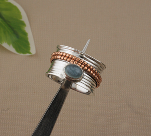 Handcrafted Vintage Wedding Spinner Ring Copper <b>Beads</b> Blue Stone Mixed Metal <b>Meditation</b> Adjustable Sterling Silver Boho Ring for - Product Image 5
