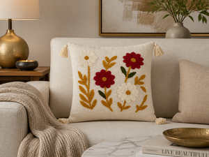 Custom Handmade Eco-Friendly Cotton Embroidered Floral Cushion with Insert All-Season <b>Throw</b> Pillow with <b>Tassels</b> for Home Decor - Product Image 2