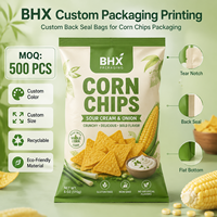 Sachet personnalisé à scellage arrière pour chips de maïs, emballage anti-humidité et anti-lumière pour snacks croustillants, conservation longue durée