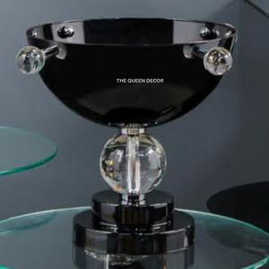 Bol décoratif rond en aluminium, verre et acrylique fait main, finition noire brillante - Product Image 1