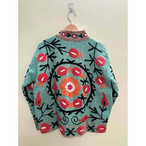 Samarkand Bloom Outerwear Hand-Embroidered Suzani <b>Jacket</b> in Sage Green with <b>Coral</b> Pomegranates Ready for Spring - Product Image 4