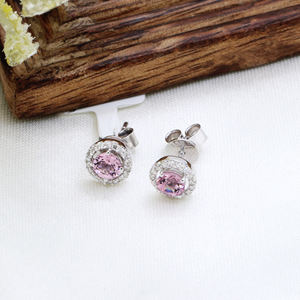 Boucles d'oreilles en or blanc 18 carats faites à la main à motif géométrique en diamant pierre précieuse spinelle rose naturel bijoux de créateur classiques mariage - Product Image 2